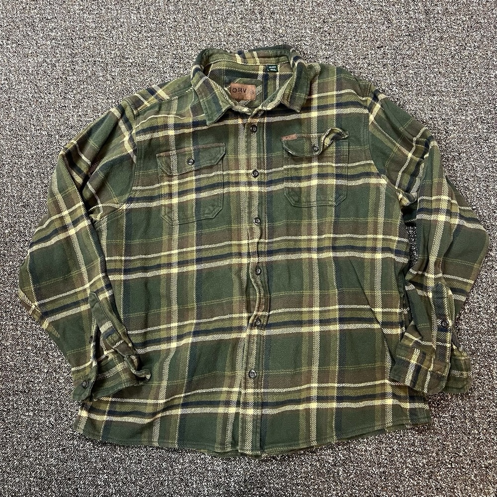 Orvis Cotton Flannel All Cotton Green Button Up Outdoors Size 2xl Long Sleeve